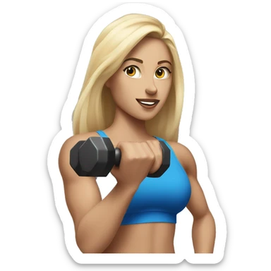 blonde woman working out with a blue shorts and black tank top and she is holding a dumbell sticker