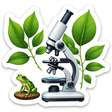 An icon featuring a DNA strand, a microscope, and a green leaf, symbolizing biology. The design includes animal cells, plant structures, and a frog, representing the study of living organisms and ecosystems. Transparent background highlights life sciences and biological research. sticker