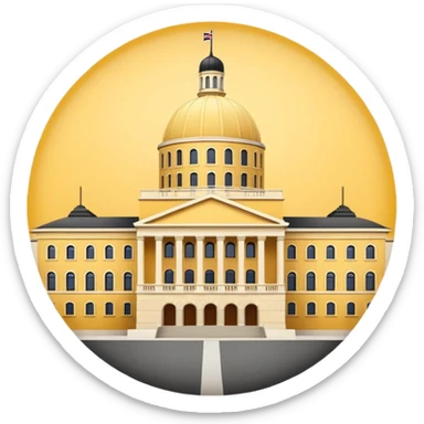 Norwegian Parliament building Stortinget, frontal view, yellow tones, round central section, minimal details, emoji style sticker