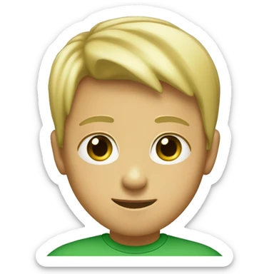 An 11 years old child that is blonde, he has green eyes, he is suntanned, he has a small nose and wears a green t-shirt  sticker