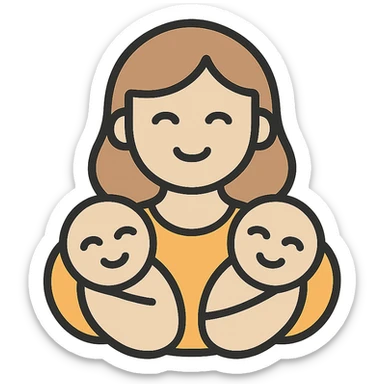mother holding two smiling babies close to chest, vector-like expressive detailed illustration, simple lines, shadows and highlights, soft beige color palette, elegant gentle warm style sticker