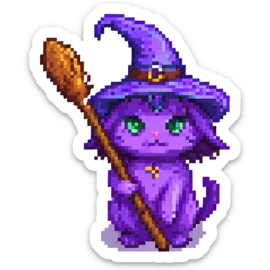 purple witch cat with broom pixel art sticker