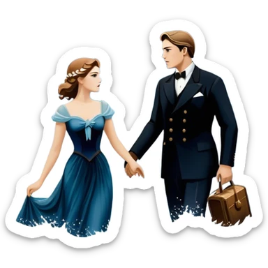 Icon for Titanic Movie: A vintage movie poster-style design featuring a dramatic scene of the ship, the iceberg, and a romantic silhouette of the main couple. Include elements like the ship’s bow, water splashes, and a starry sky in the background. Retro cinematic feel. Transparent background. sticker