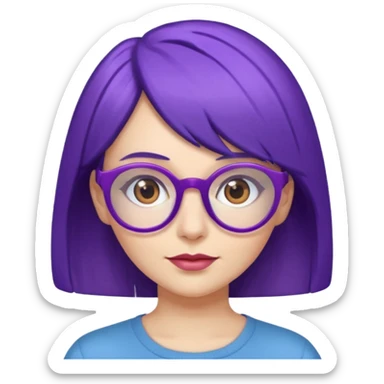 Cartoon adult woman with purple glasses, brown eyes, and blue medium length hair sticker