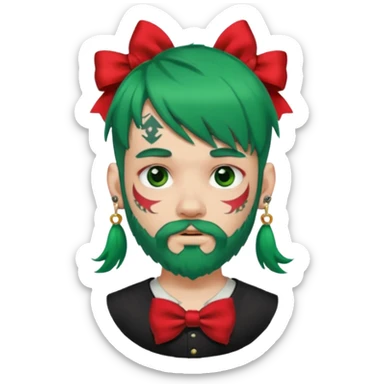 boy with bangs and green hair and red hairbow on side and earrings and very heavy face tattoos and beard sticker