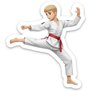 teenager performing a high kick in a white Tae Kwon Do uniform with a colored belt sticker
