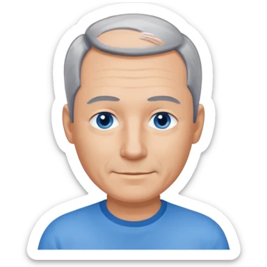 Middle aged man with receding grey and black hair and no beard, blue eyes, shy smile, tanned skin sticker
