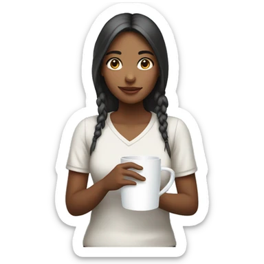 Girl holding a white cup with handle and lid sticker