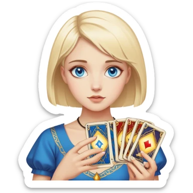 A blonde girl with blue eyes and short hair holds tarot cards sticker