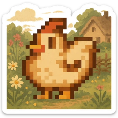 Using a transparent background, re-imagine this pixelated chicken in a cottage core setting sticker