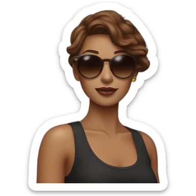 gay pride sunglasses on female head with wavy brown hair holding pride flag sticker