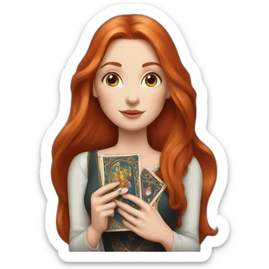 redhead white woman medium long straight hair, holding a tarot card in her hand sticker