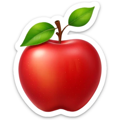 The image shows a bright red, glossy, and plump apple that looks fresh and delicious. A large bite has been taken out of the right side, revealing the juicy. At the top of the apple, the stem is still attached along with a fresh green leaf, adding a natural and lively touch. The pure white background makes the vibrant red color and the round shape of the apple stand out even more. sticker