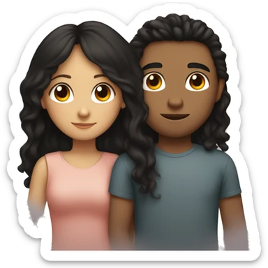 Girl with straight, long, black hair, cuddling with a light skin boy that has curly and brown hair  sticker