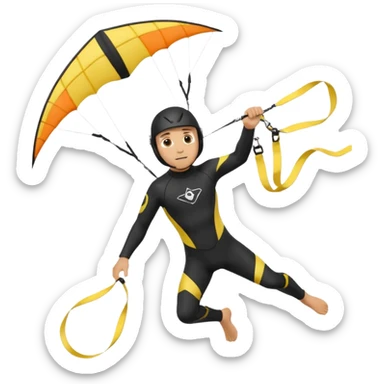 Kiterman, caucasico traje neopreno negro y casco negro, haciendo un down loop con la cometa sticker