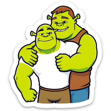 a black muscular man hugging Shrek, cartoonish sticker style sticker