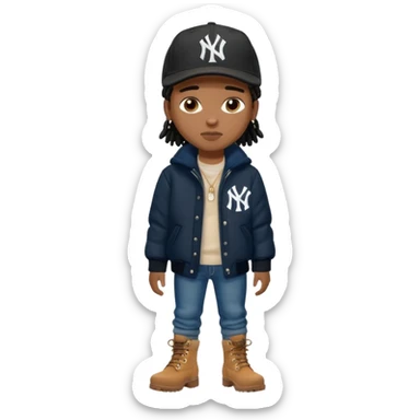 African American boy with short black dreadlocks wearing a black New York Yankees logo baseball cap wearing a black bubble winter coat wearing denim skinny jeans and timberland boots sticker