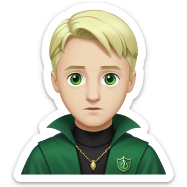 draco malfoy, slytherin, green, in a wizard outfit, blonde hair, blonde eyes, white skin sticker