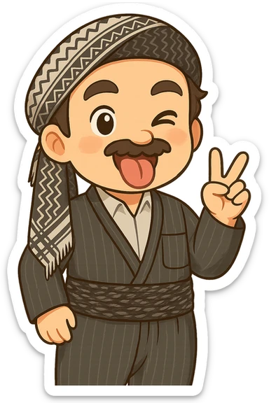 Cartoon sticker of a Kurdish man with the same clothes and scarf as the reference image, no changes to clothes or scarf. Face with tongue out and wink expression similar to the 😜 emoji. Hand raised in a playful or fun gesture, such as a victory sign. Colorful and cheerful, no shadows or color halos around the image, no text, fully transparent background, suitable for WhatsApp and Instagram. sticker