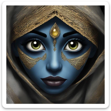 Mysterious alien in Aladdin style, oil paint, black eyes, intricate lips, intricate portrait, beautiful, desirable, logical, Arabic sticker