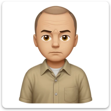 Sling Blade's Carl, serious, chin out, slouched, no glasses, collared shirt, three-quarter back view, full body, standing, head extended forward, emoji style sticker