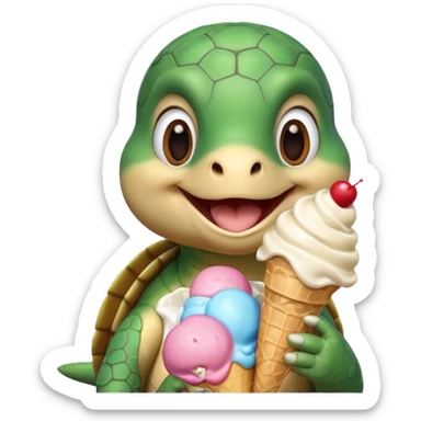 cute turtle portrait, head and shoulders only, licking an ice cream cone, funny happy expression, 3D cartoon, mobile game icon style, clean background, no text, no watermark
 sticker