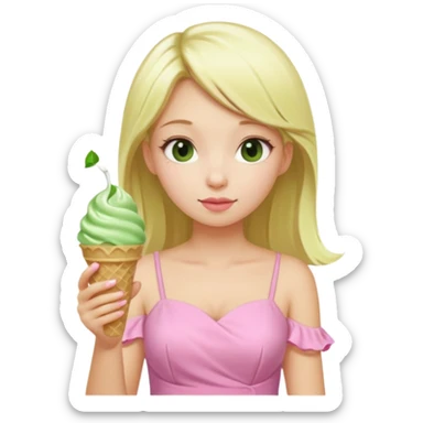 girl blonde long hair in pink dress,  eating matcha ice cream sticker