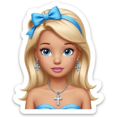 Barbie emoji with earrings and nose piercings and a cross necklace and blue eyes with bow in hair and tube top and long lashes with freckles  sticker