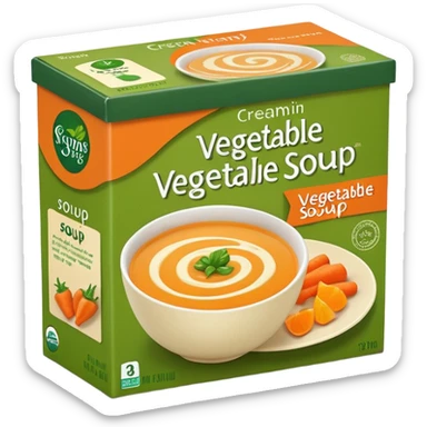 rectangular carton of vegetable soup with green and orange color scheme, screw cap, front shows swirl of creamy orange soup and subtle vegetable imagery, no branding or text, upright clean shape, shelf-stable packaging, soft lighting, subtle shadows, emoji scale sticker