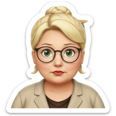 older teacher a little overweight with blonde bun green eyes and glasses full lips sticker