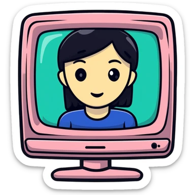 Thick feminine figure with TV screen head, digital face displayed on screen sticker