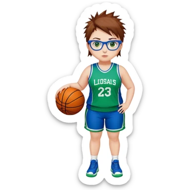 Full Body white plus size Girl with basketball spikey short brown HAIR wearing blue glasses with green eyes wearing blue and green basketball uniform PLAIN sticker