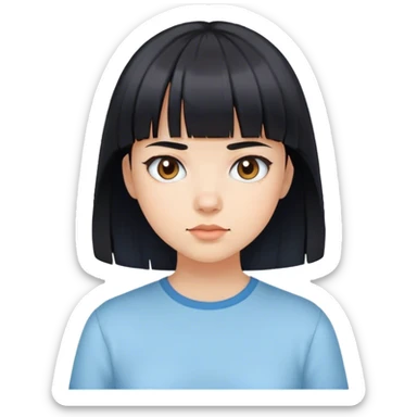 A girl with short black hair and bangs, wearing a light blue shirt sticker