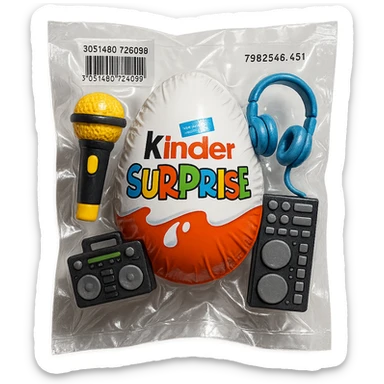 Kinder Surprise egg with wrapper, next to toys including microphone, boombox, headphones, DJ controller, glossy vacuum-sealed style sticker