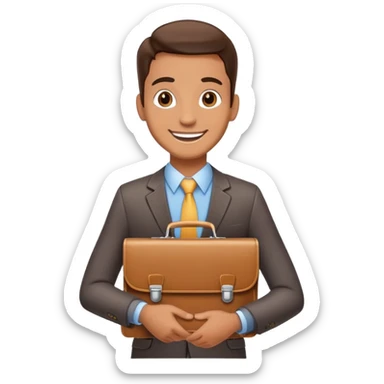 Friendly salesman with briefcase presenting product sticker