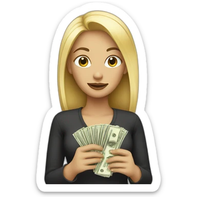 Woman with blonde hair holding money sticker