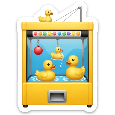 Claw machine arcade game with crane picking up a rubber ducky sticker