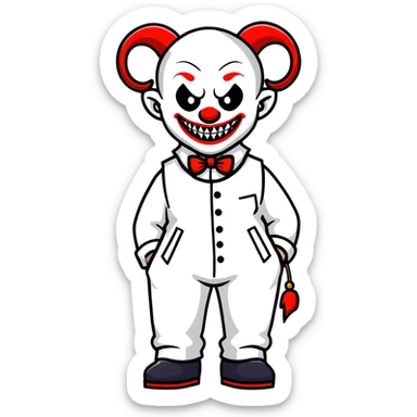 full-body demonic clown in a white leisure suit with bellbottom pants, bald, black ram horns, wearing elevator shoes sticker