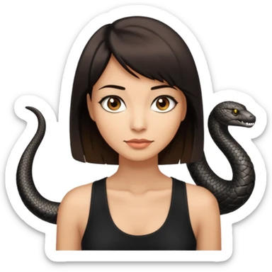 Femme brune yeux marron avec une coupe carré noir qui descend sur l'épaule , femme couleur de peau typé, avec un cobra a côté , débardeur noir sticker