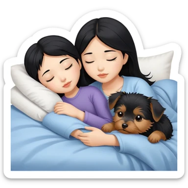 pretty asian girl with black hair sleeping in bed with small yorkshire terrier sticker