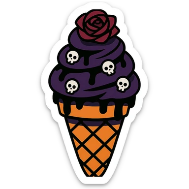 Gothic ice cream with black chocolate drizzle, tiny skull sprinkles, and a dark rose on top, no background, in a vibrant toon style. sticker