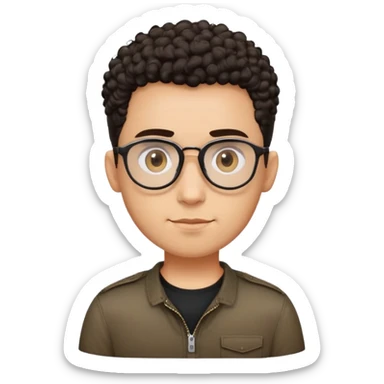 Man with small oval face and big forehead, aviator-style glasses, very short dark curly hair with skin fade (no hair on sides), neutral-friendly expression, light brown skin, wearing a black shirt sticker