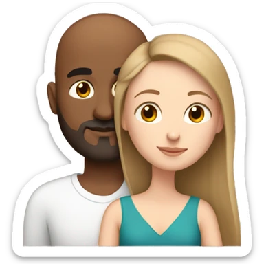 White girl with brown hair cuddling her Indian man husband. He is bald and has a short beard sticker