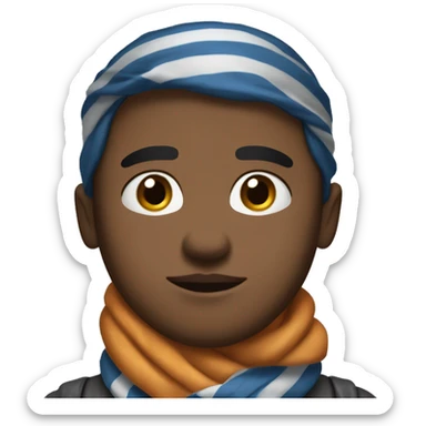 Round-faced character with a serious, slightly annoyed expression, medium brown skin, thick flat eyebrows, full closed lips, and a blue-gray striped neck scarf. Calm but determined vibe. sticker