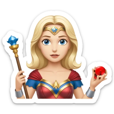 Blonde blue eyed Wonder Woman holding white orchestra conductor’s baton and bell  sticker