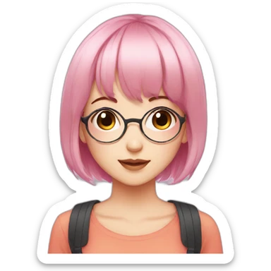 Cute anime girl with pink hair wearing glasses and with light makeup and short hair and bangs sticker
