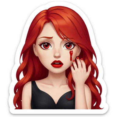 a crying woman with long red hair and red eyes. The woman wear a black little cutted dress. She have red lipstick and she have a seductive look. She cryed tears  sticker