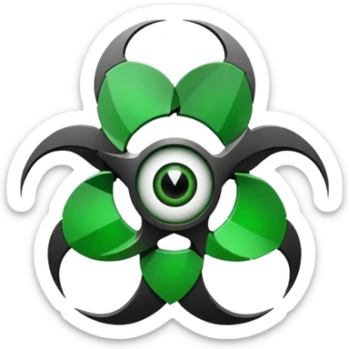Minimalist emoji-style sticker of a fractured biohazard symbol with a small eye in the center. Stylized, geometric, no text.
 sticker