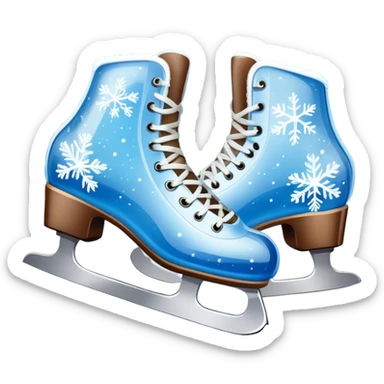 An icon showing In the background, twinkling lights, winter trees, and blue sky. a pair of elegant ice skates gliding across a smooth, frozen rink with snowflakes in the air. Transparent background highlights the grace and charm of ice skating. sticker
