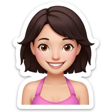 fairy woman, dark brown bob, brown cheek freckles, big smile, pink halter top sticker